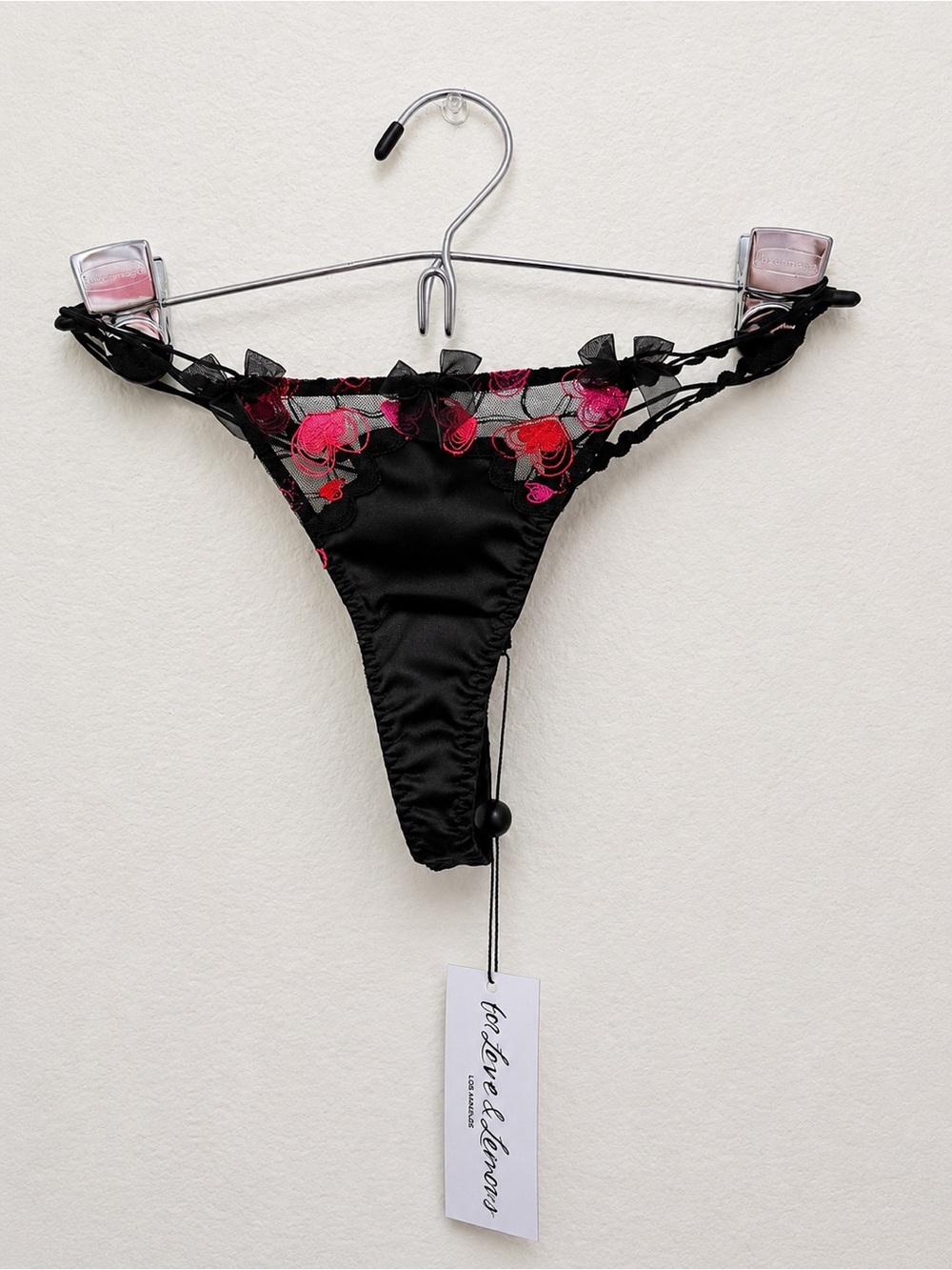 For Love and Lemons Black Satin Thong with Pink & Red Heart Embroidery